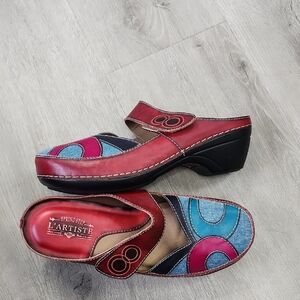 Spring Step L'Artiste Red Multicolor Leather Mules Size 9